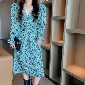 HziriP Folds Print V-Neck 2021 Autumn Ladies Dress Loose A-Line Waist Mid-Calf Fashion All-Match Classic Casual New Gentle