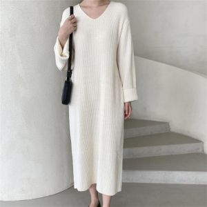 Alien Kitty Minimalist V-Neck Knitwear Sweater Long Dress Loose Bottoming Stylish Autumn 2021 New OL Women Pullover Casual Solid