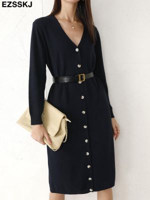 2021 autumn winter v-neck  straight maxi sweater dress women v-neck long sweater dress elegant female loose button knit dress