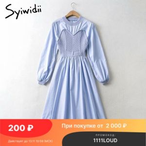 Syiwidii Vintage Knit Patchwork Midi Dress for Women Cotton Puff Long Sleeve Fall 2021 New Dresses with Slash Black White Blue