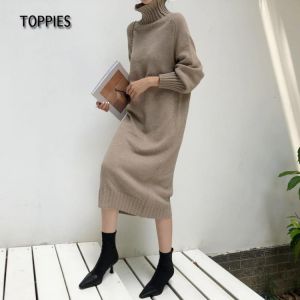 Toppies Chic Knitted Midi Dress Autumn Winter High Neck Sweater Dress Leisure Pullovers Korean Fashion Clothes 2021