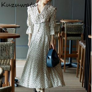 Kuzuwata Japanese 2021 Autumn Women Robes Sweet Temperament Vestidos V Neck Puff Sleeve Print High Waist Drawstring Dresses
