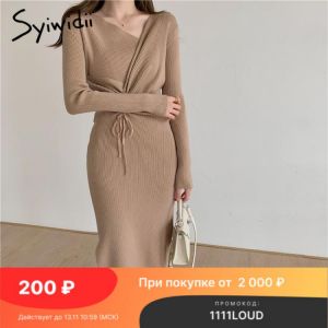 Syiwidii Midi Dresses for Women Bandage Black Sheath Off The Shoulder V-Neck 2021 Shirring Clothes Fall Vintage Bodycon Dress