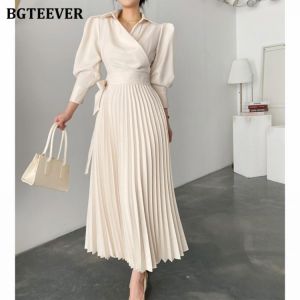 BGTEEVER Elegant Lapel Women Pleated Dress Autumn Winter Stylish Puff Sleeve Slim Waist Female A-line Dress Ladies Vestidos 2021