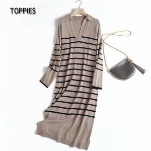 Toppies 2021 Winter Lapel Sweater Dress Women Long Sleeve Knitted Striped Midi Dresses Side Split