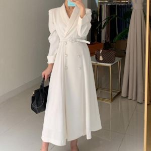 Women Autumn Double Breasted Elegant Shirt Dresses Notched Long Sleeve Office Ladies Blazer Dress Casual Loose A-Line Vestido