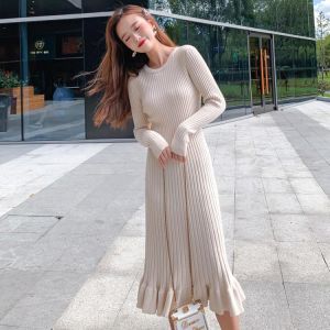 Women Autumn Winter Casual Sweater Maxi Dresses Long Sleeve Knitted Thick or Thin Elegant Midi Vestido O Neck Swing Fashion Robe
