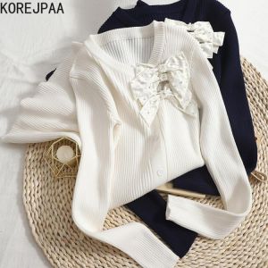 Korejpaa Bowknot Knitted Dress Women Chic Button Up Long Sleeve O-neck High Elastic Waist Dresses 2021 New Sweet Vestidos