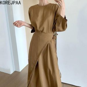 Korejpaa Women Dress 2021 Korean Fashion Early Autumn Retro Temperament O Neck Apron-style Lace-up Waist Long-sleeved Vestidos