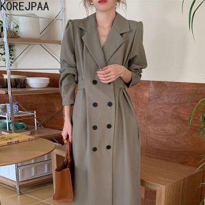 Korejpaa Autumn Retro Dress Women Korea New Fashion Female Notched Collar Double Breasted Long Sleeve Slim Waist Vestido Elegant
