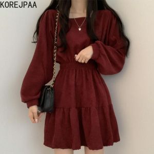 Korejpaa Chic Autumn Retro Dress Women Square Collar Elastic High Waist Puff Sleeve Velvet Dresses Female Elegant Casual Robes