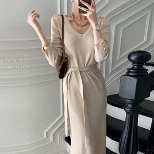 Winter Women Buttons Knitted Dress Elegant Full Sleeve Lace-up Female Long Sweater Dress