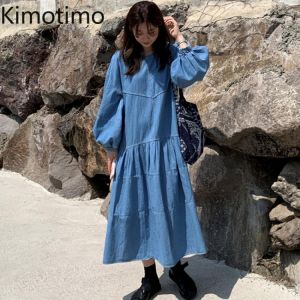 Kimotimo Casual Denim Dress Women Korean Chic Simplicity O-neck Lantern Sleeve Autumn Large Swing Split Long Dresses Vestidos