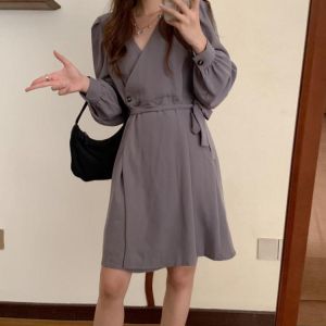 HziriP Solid Belt Retro Women Dress 2021 Autumn Puff Sleeve V-Neck Folds Mini Dresses Office Lady All-Match Fashion Elegant
