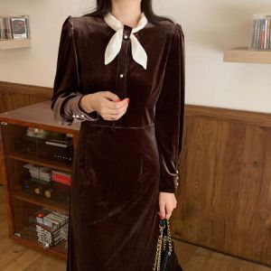HziriP Velvet Bow Close Waist Maxi Dress Fashion 2021 All Match Women Elegant Lady Slim Casual Warm Hot Autumn OL Vestidos