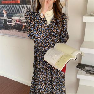 HziriP Printed Elegant Office Wear Autumn Women Long Dress A-Line Bottom 2021 OL Fashion Loose Sweet High Waist Florals Vestidos