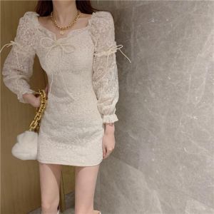 HziriP Lace Hollow Out Hot 2021 New Autumn Women Dress Square Collar Shirring Solid Belt Dresses Sweet Fashion Elegant Gentle