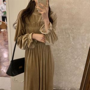 HziriP French Turtleneck Shirring Dresses Solid Gentle Mid-Calf Dress 2021 New Autumn All-Match LoosePuff Sleeve Fashion Elegant