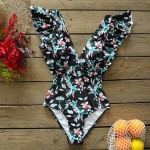 Sexy V-Neck One Piece Swimsuit Shoulder Ruffle Swimwear Women Green And Floral Bathing Suit Beachwear Monokini Swim