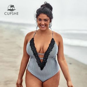 CUPSHE Plus Size Striped Deep V-neck One Piece Swimsuit Sexy Lace Criss-cross Women Monokini Bathing Suits 2021 Beach Swimwear