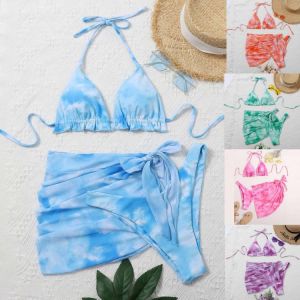 3 Piece Set Women Tie-dye Halter Bikini Sarongs Cover Up Swimwear Swimsuit Beach