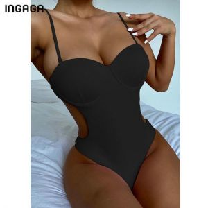 INGAGA Push Up One Piece Swimsuit Strap Swimwear Women 2021 Black Bathing Suit Cut Out Monokini Bodysuits Backless Beachwear