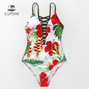 CUPSHE Red Floral Lace-Up Deep V-neck One-Piece Swimsuit Sexy Open Back Women Monokini 2021 New Girl Beach Bathing Suit Swimwear