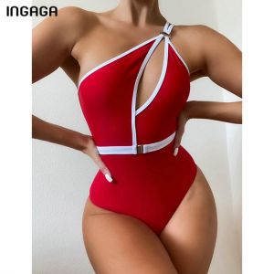 INGAGA Cut Out Women's Swimsuit One Piece 2021 One Shoulder Swimwear Red Bodysuit Sexy Ring Linked Beachwear Backless Female 