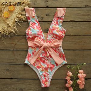 Ashgaily Deep-V Swimsuit Bow y2k One Piece Swimwear Women Ruffled Strappy Bathing Suit Shirring Backless Mesh Beach Wear