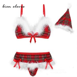 Christmas Sexy Lingerie Set Woman Sexy Nightwear Underwear Santa Claus Hat Clothes with Feather Red New Year Wear Xmas Bikini