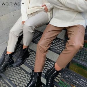 WOTWOY High Waist Spliced Loose Leather Pants Women Autumn Solid Drawstring PU Leather Trousers Women Straight Pants Female 2021