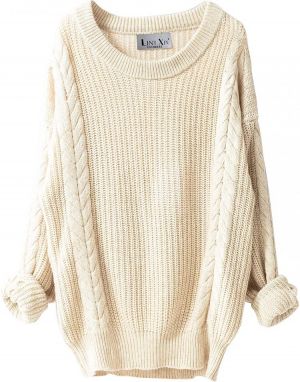 LINY XIN Women's Cashmere Oversized Loose Knitted Crew Neck Long Sleeve Winter Warm Wool Pullover Long Sweater Dresses Tops