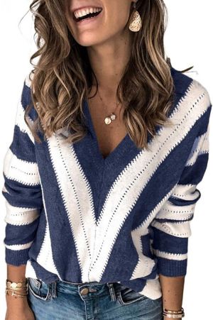 Asvivid Color Block Striped V Neck Sweater for Women Long Sleeve Knit Pullover Jumper Tops