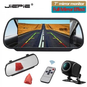JIEPIE 7 inch Reversing camera monitor kit, Car Rear View Parking White Mirror Monitor with Night Vision Rear view camera