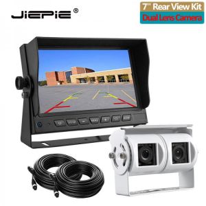 JIEPIE Dual Lens Reversing Camera with 7 Inch RearView Monitor Twin Camera Rear View Reversing Kit for RV, Motorhome, Truck, Bus