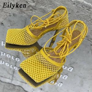 Eilyken 2022 New Sexy Yellow Mesh Pumps Sandals Female Square Toe high heel Lace Up Cross-tied Stiletto hollow Dress shoes