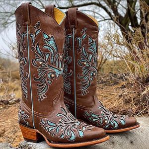 2021 Ladies Casual Shoes Punk Ethnic Embroidery Pointed Toe Chelsea Boots Chunky Heel Western Cowboy Women's Knee High Boots