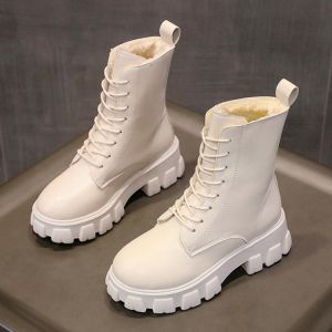 Rimocy Chunky Platform Ankle Boots for Women 2021 Autumn Winter Warm Plush PU Leather Botas Mujer Thick Sole Lace Up Shoes Woman