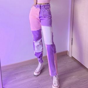 2021 New hip hop autumn Blue/Pink patchwork Jeans women High waist Hip hop straight Jeans ladies trousers female denim for woman
