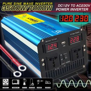 3500W/7000W Pure Sine Wave Power Inverter Transformer DC 12V/24V TO AC 220V/230V/240V with Dual LED Display 3.1A USB
