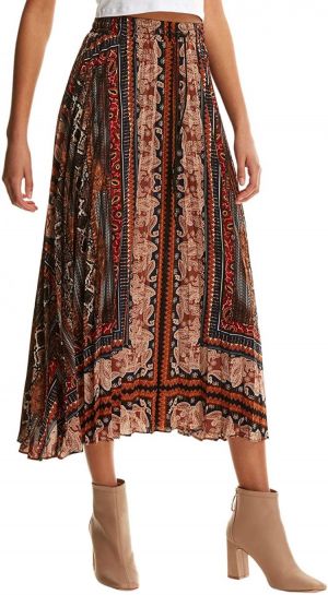 Floerns Women's Boho Elastic Waist Scarf Print Pleated Midi Skirt