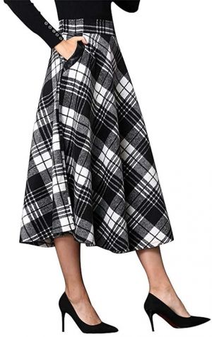 IDEALSANXUN Womens High Elastic Waist Maxi Skirt A-line Plaid Winter Warm Flare Long Skirt