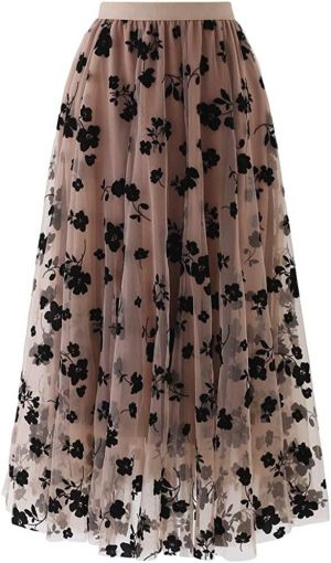 CHICWISH Women's Caramel/Dusty Blue/White/Black 3D Posy Double-Layered Mesh Midi Skirt