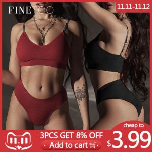 FINETOO M-2XL Padded Bra Set Women Seamless Underwear Set Deep V Tops Briefs Sexy Letter Strap Crop Top Female Lingerie Suit New