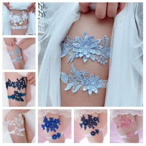 2pcs Wedding Garter Navy White Embroidery Floral Sexy Garters Women/Female/Bride Thigh Ring Bridal Lace Leg Ring Loop