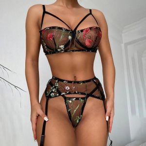 Hot Erotic Mesh Perspective Sexy Lingerie Women Cut Out Embroidery Lace Bra Underwear Set Sexy Brief Sets with Garter Belt 3pcs