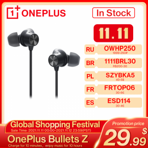 OnePlus Bullets Wireless Z Earphones Bass Edition Charge for 10 minutes Enjoy for 10 hours Bluetooth 5.0 IP55 Up to 20/17 hours