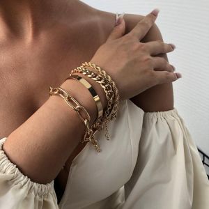 4pcs Punk Hippie Style Luxury Gold Stainless Steel Bracelet Set For Women Bohemian Multi-layer Chain Wholesale Jewelry Gift 2021