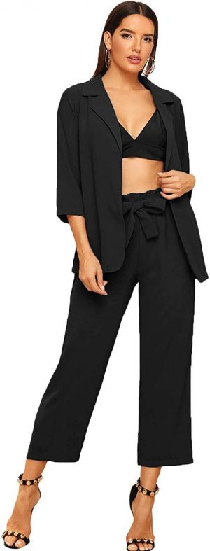 SheIn Women's 2 Piece Outfit Notched Neck 3/4 Sleeve Blazer and Wide Leg Belted Pants Set