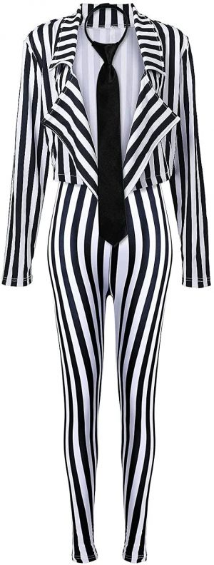 Women's Black White Vertical Striped Kit Include Blazer Length Pant with Tie